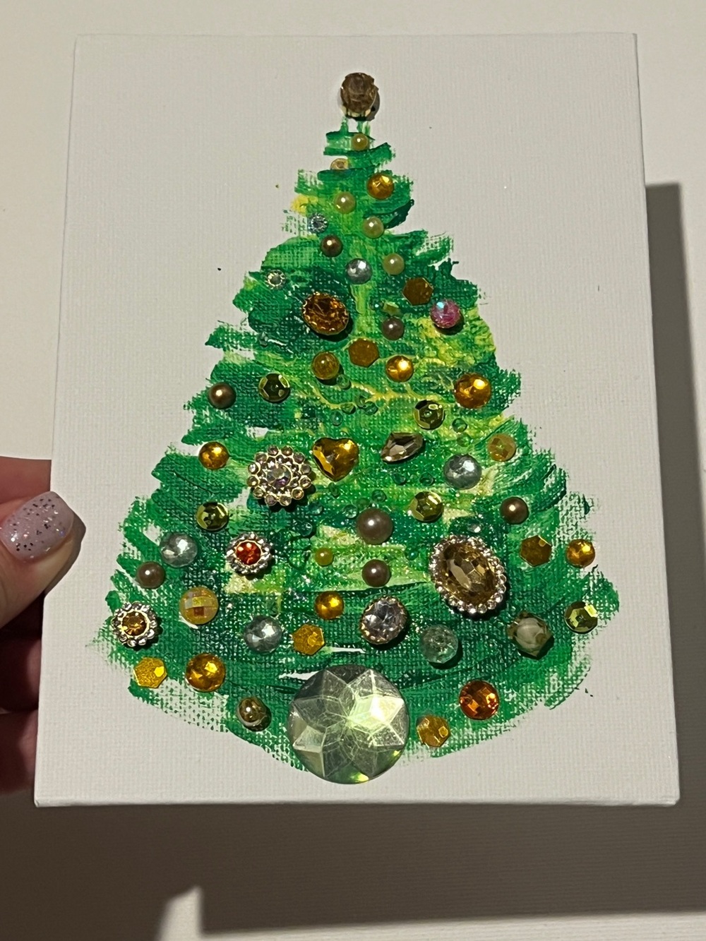 Handcrafted Green Jeweled Christmas Tree Canvas - Home Holiday Decor